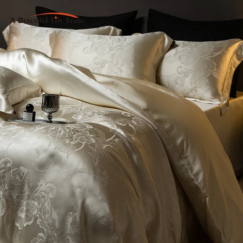 Afralia™ Silk Jacquard Cotton Luxury Bedding Set with Duvet Cover, Sheets & Pillowcases