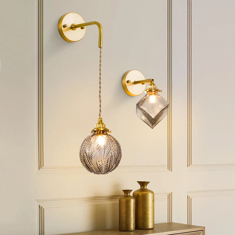 Afralia™ Grey Glass LED Wall Lamp Bedroom Living Room Loft Modern Copper Wandlamp