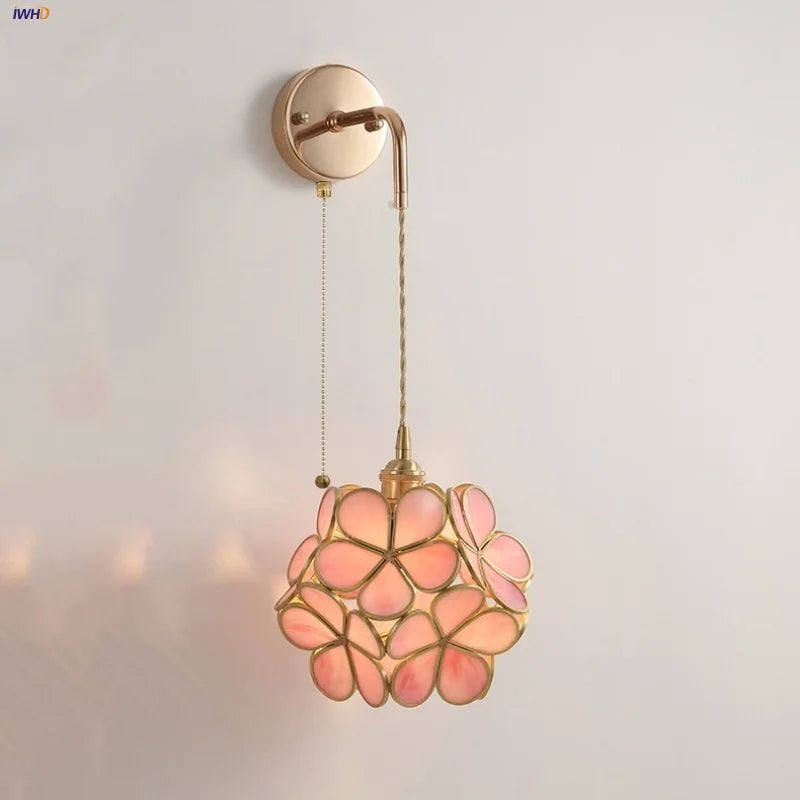 Afralia™ Pink Flower Glass LED Wall Light: Copper Nordic Modern Bedroom Lamp