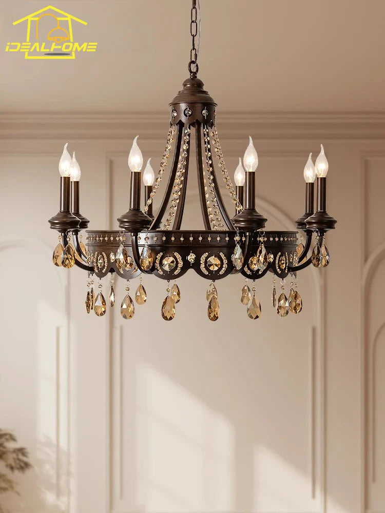 Afralia™ Iron Art Crystal Candle Chandelier LED Lighting for Living Room Bedroom Bar