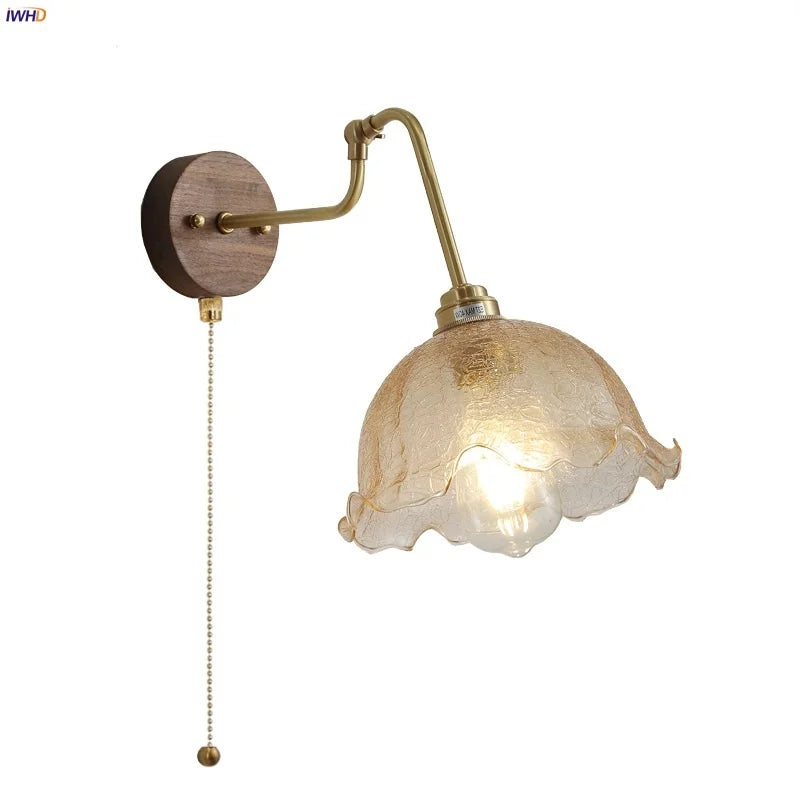Afralia™ LED Wall Lights Pull Chain Switch Bedside Lamp Amber Glass Modern Stair Light Fixtures
