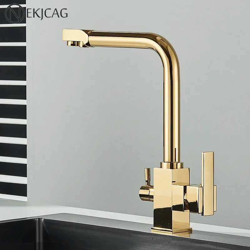 Afralia™ Dual Outlet Gold Kitchen Faucet for Purified Water Hot & Cold Basin Sink