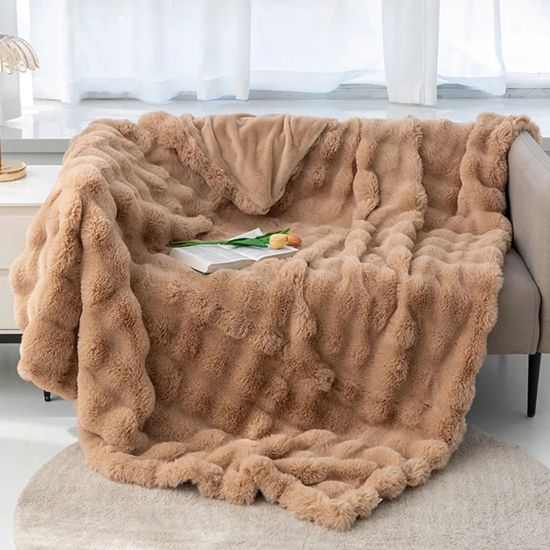 Afralia™ Faux Rabbit Fur Flannel Sofa Blanket, All Seasons Solid Soft Nap Quilt