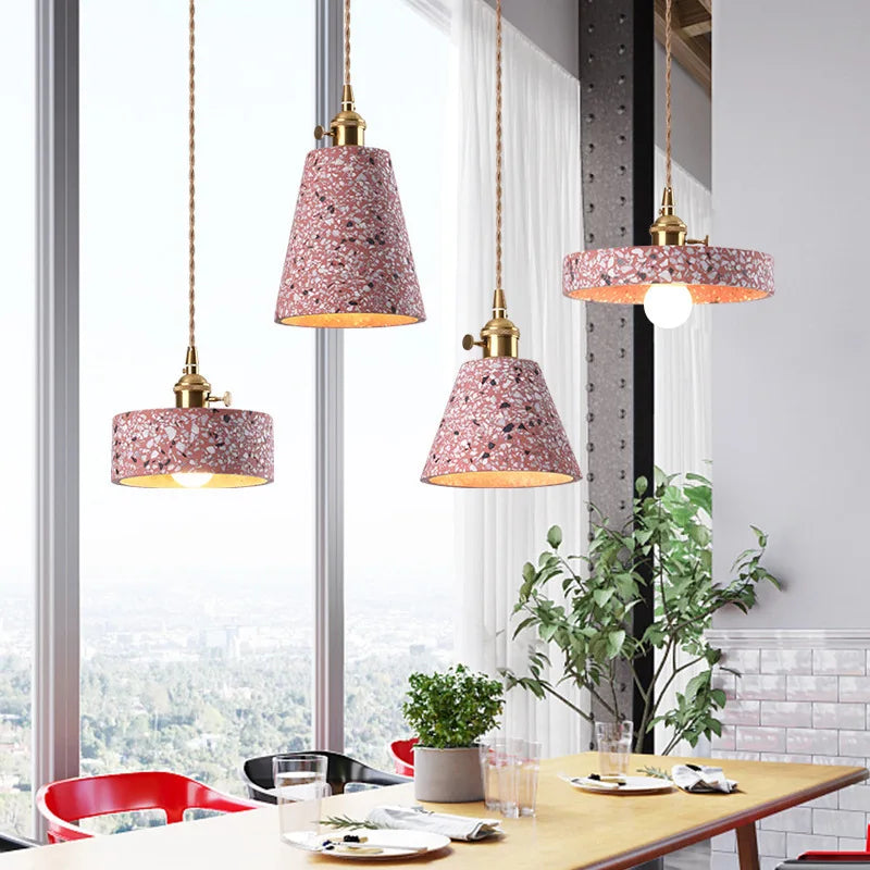 Afralia™ Pink Terrazzo LED Pendant Lamp Wabi Sabi Nordic Modern Copper Hang Light