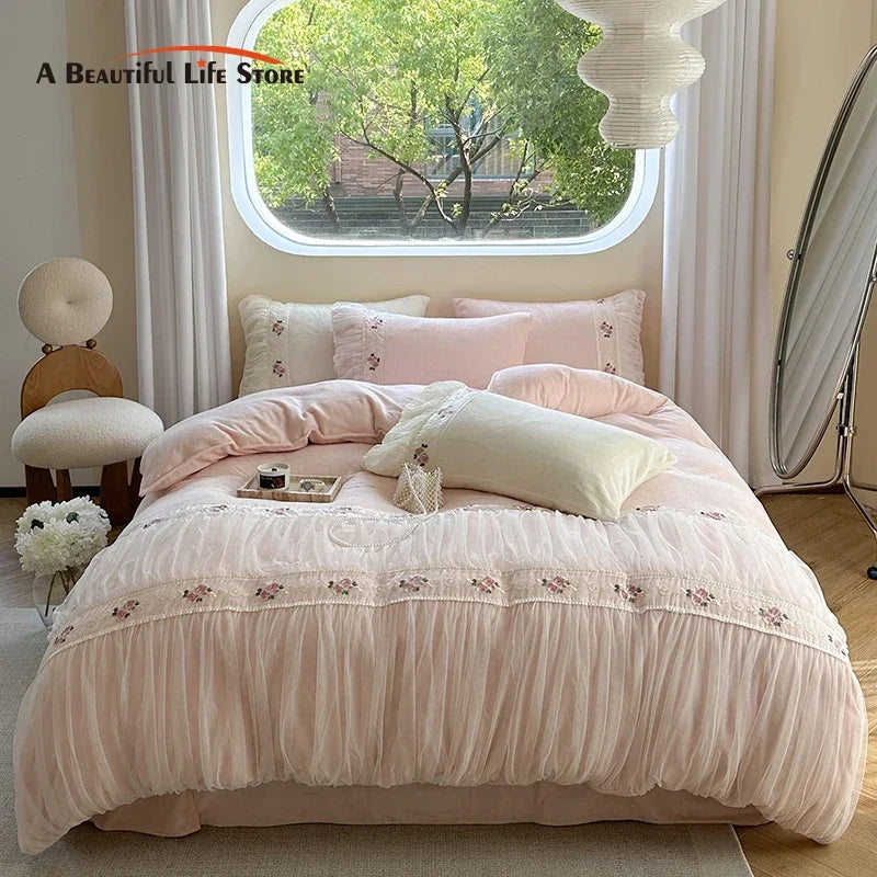 Afralia™ Pink Velvet Fleece Bedding Set with Flowers Embroidery & Lace Pleat