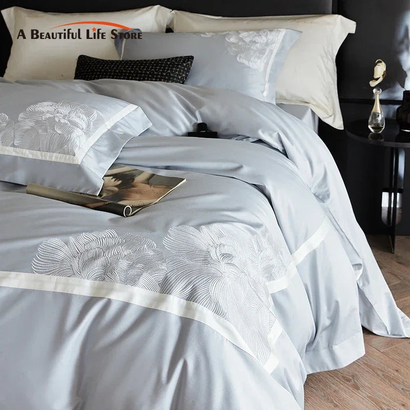 Afralia™ Luxury Flowers Embroidery 1000TC Egyptian Cotton Bedding Set Queen King Size