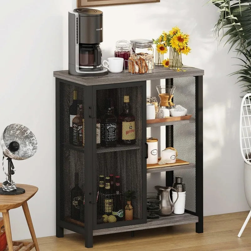 Afralia™ Small Coffee Bar Cabinet for Liquor - Rustic Industrial Accent Cabinet with Adjustable Shelves and Mesh Doors