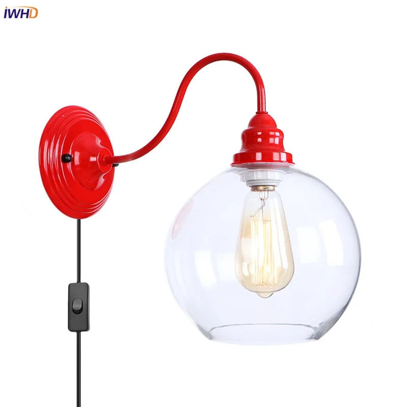 Afralia™ Red Vintage LED Wall Lamp Glass Ball Industrial Loft Bedroom Mirror Light
