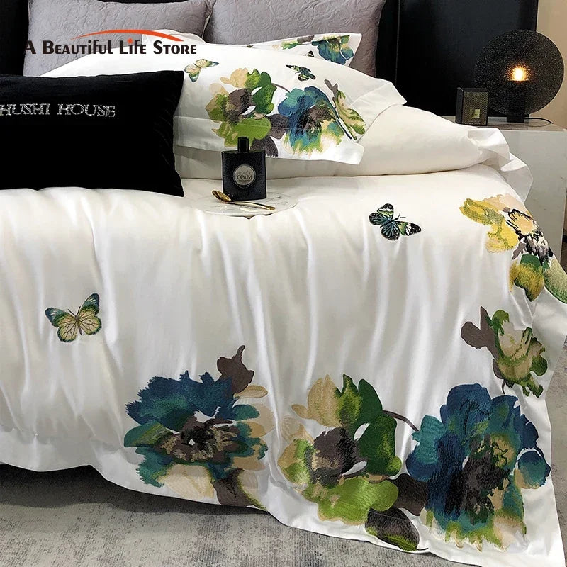 Afralia™ Luxury Egyptian Cotton Bedding Set, Flowers Embroidery, 1000TC
