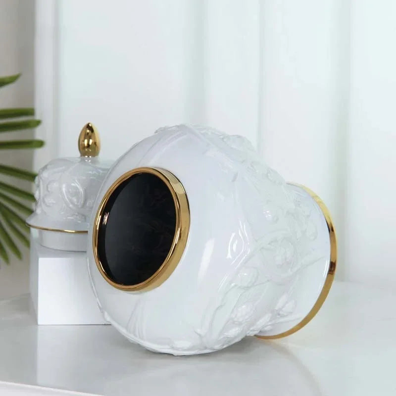 Afralia™ Embossed Flower Ceramic Ginger Jar Vase - Home Decor Storage Tank