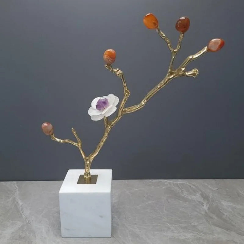 Afralia™ Crystal Flower Tree Sculpture: Golden Branches with Marble Base