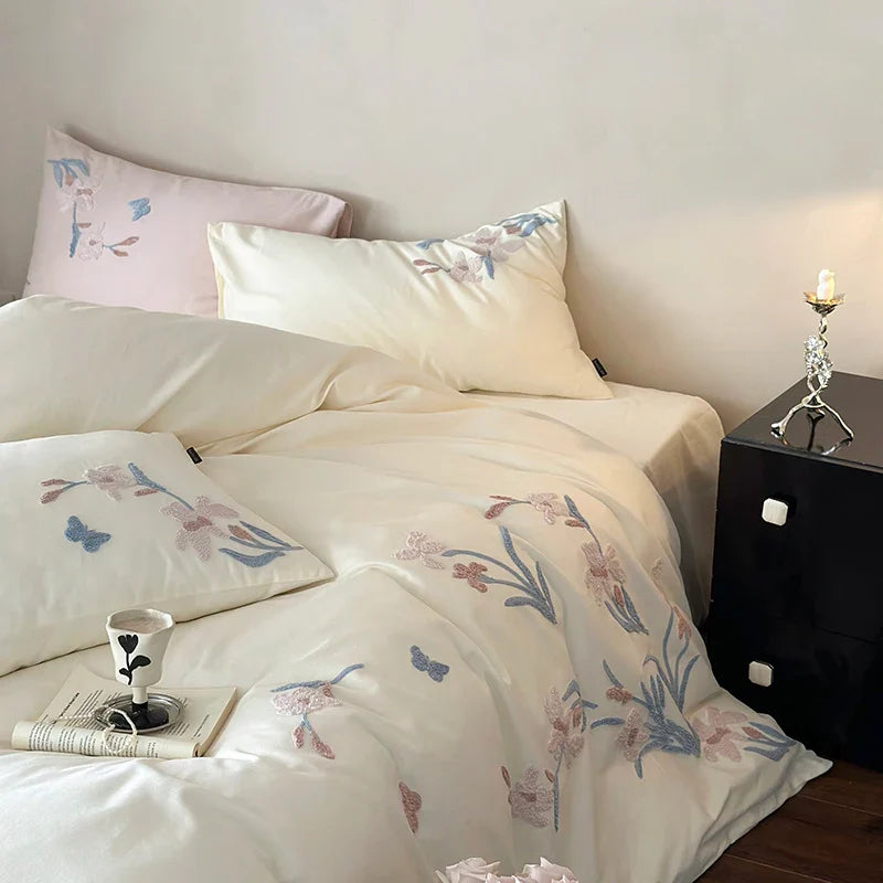Afralia™ Elegant Flower Embroidery Cotton Bedding Set - Single Queen King Sizes