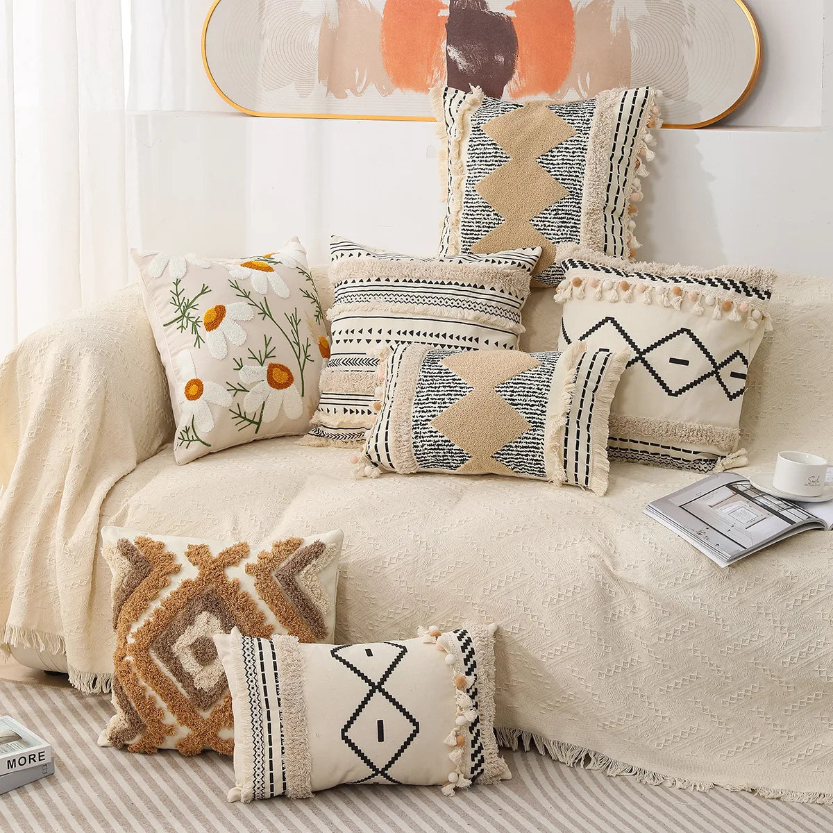 Fringed Embroidered Geometric Tufted Cushion Cover by Afralia™