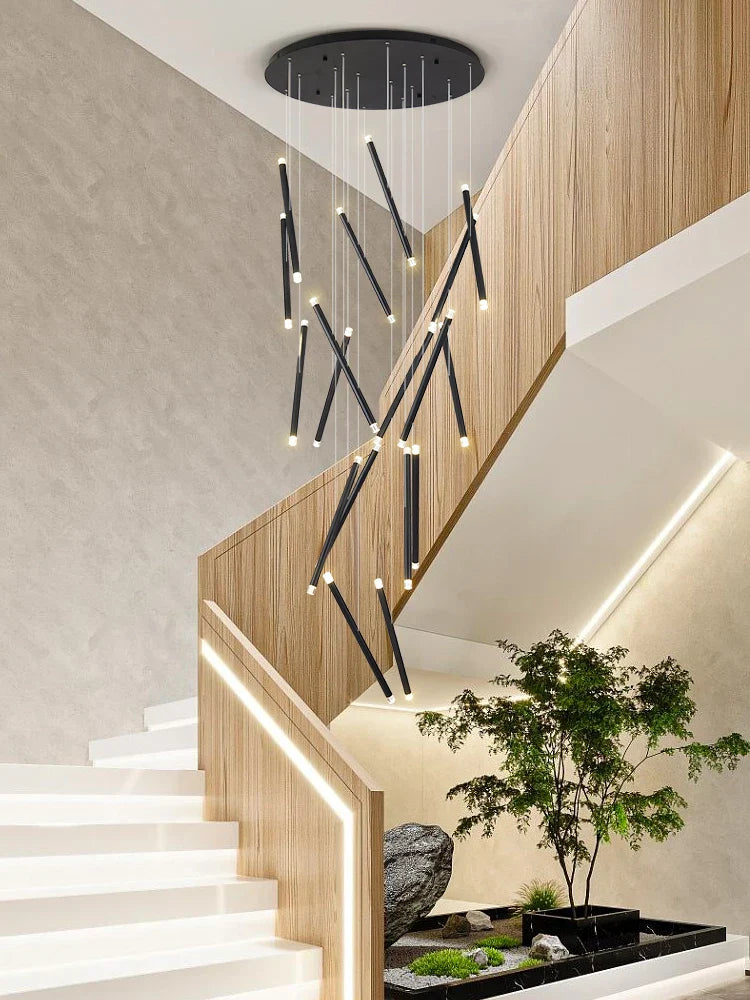 Afralia™ Black Round Tube LED Chandelier for Duplex Loft Stair - Interior Lighting Decoration