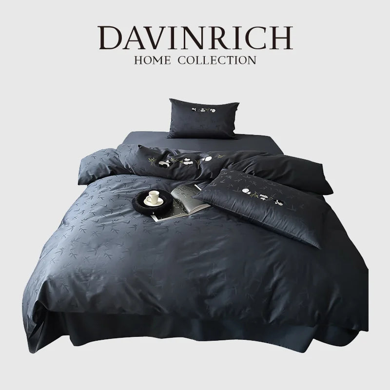Afralia™ Chinese Panda Bamboo Jacquard Duvet Cover Set Luxury Cotton Bed Sheet Set