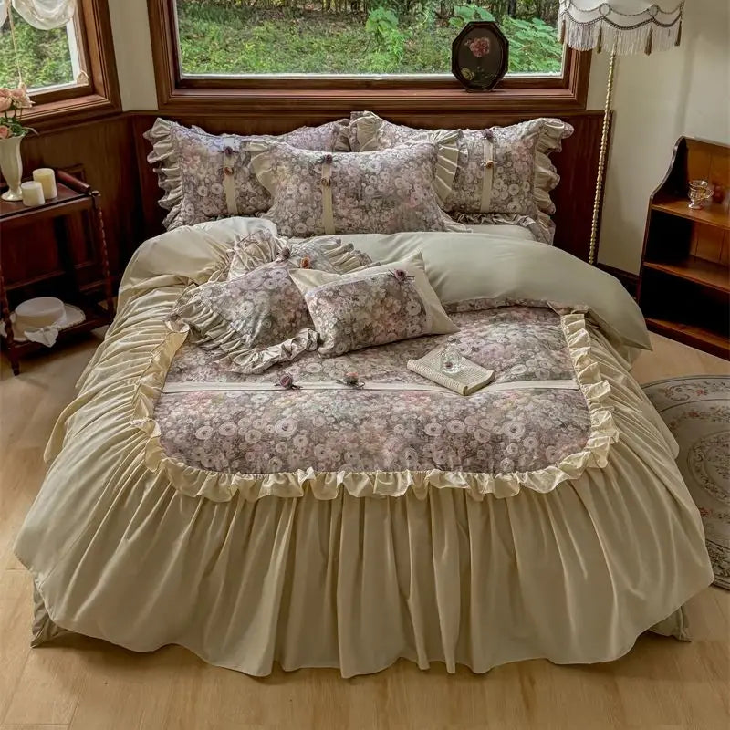 Afralia™ Vintage French Flowers Lace Ruffles Bedding Set with Egyptian Cotton Quality