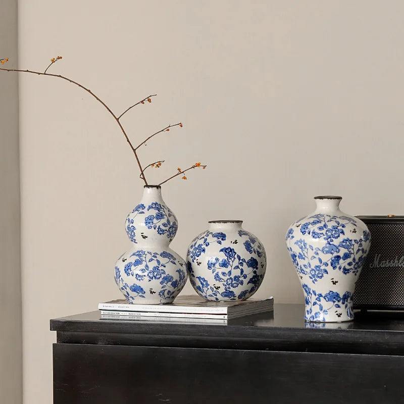 Afralia™ Blue & White Porcelain Gourd Teapot Vase - Chinese Retro Flower Arrangement Accessories