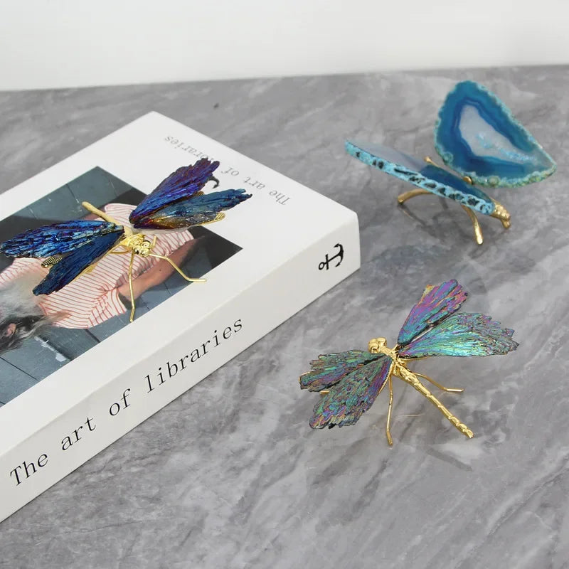 Afralia™ Golden Crystal Agate Butterfly Sculpture Decorative Figurines