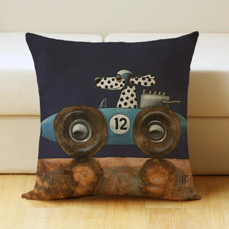 Afralia™ Cartoon Dog Car Drive Pillow Cover 45x45cm Linen Sofa Home Decor