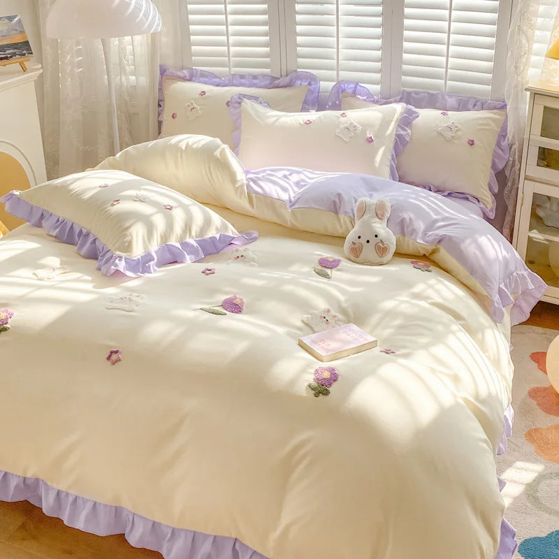 Afralia™ Cartoon Princess Embroidered Cotton Bedding Set for Adult Girls