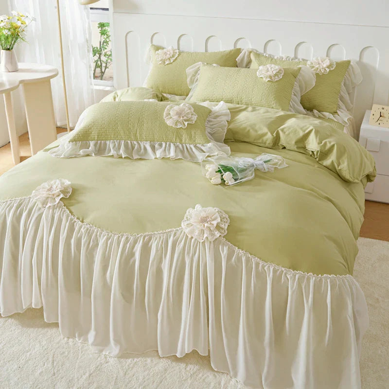 Afralia™ Princess Style Cotton Bedding Set with Flowers, Lace Ruffles, and Quilted Details