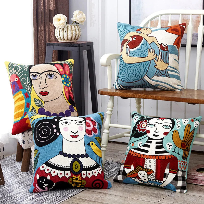 Afralia™ Picasso Design Cushion Covers: Stylish Embroidered Home Decor, Linen & Cotton Blend