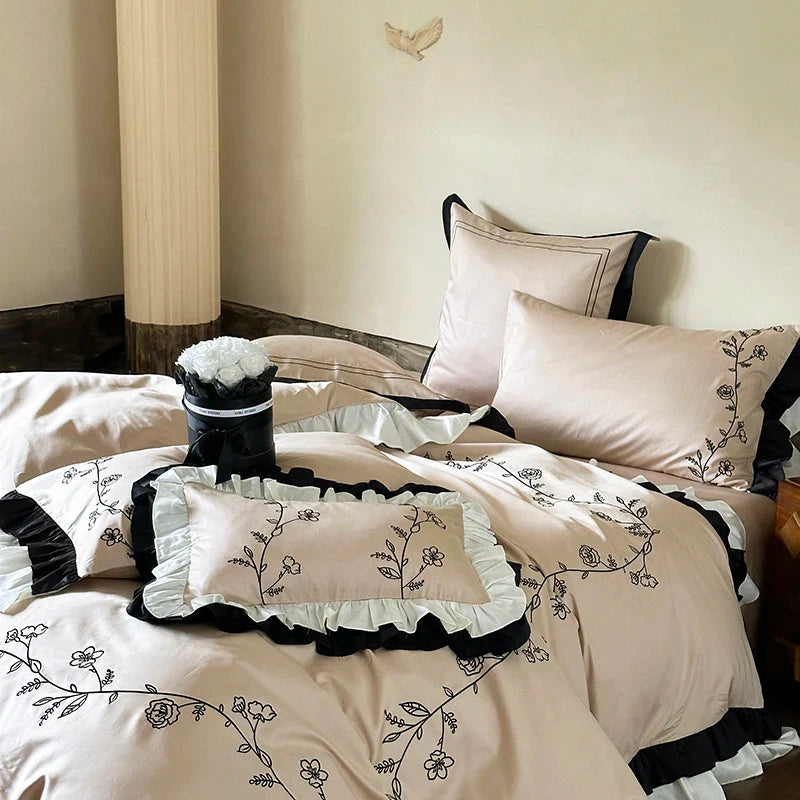 Afralia™ Vintage French Rose Flower Embroidery Ruffles Bedding Set