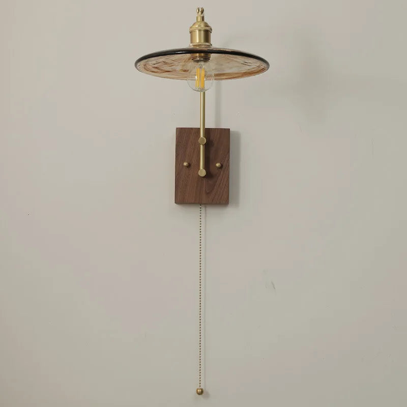 Afralia™ Copper Glass LED Wall Lights Pull Chain Switch Bedside Lamp for Bedroom Living Room