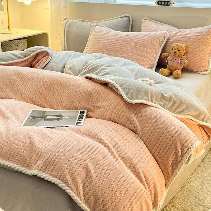 Afralia™ Striped Jacquard Thick Milk Velvet Quilt Cover - Cozy Warm Bedding