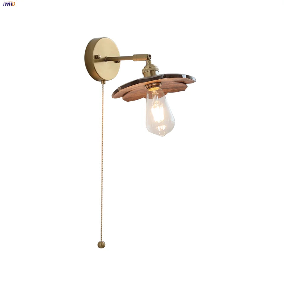 Afralia™ Walnut Wood LED Wall Sconce, Pull Chain Switch, Copper Socket, Bedroom Aisle Hallway