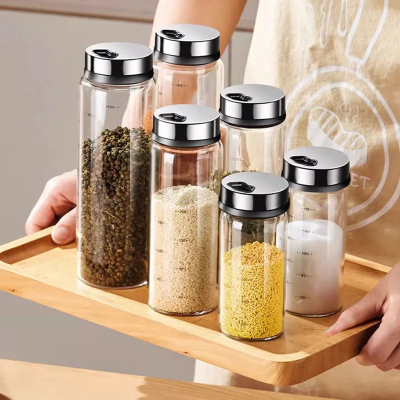 Afralia™ Glass Seasoning Jar Set - Kitchen Accessory with Rotating Lid - 200ML/500ML