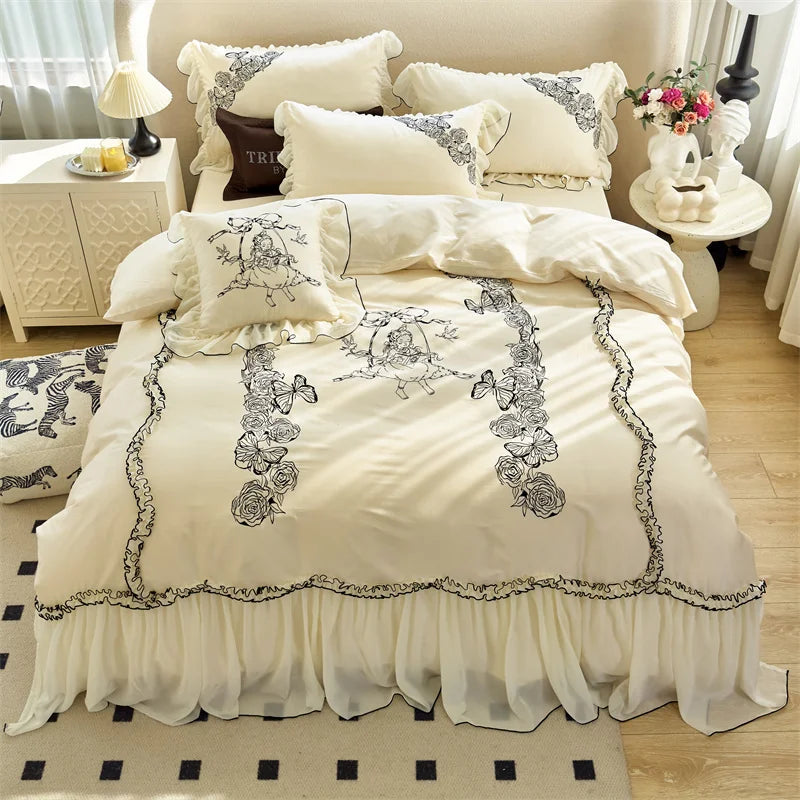 Afralia™ Vintage Rose Butterfly Lace Ruffles Princess Bedding Set: 100S Egyptian Cotton
