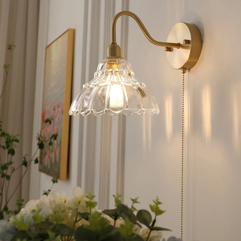 Afralia™ Brass LED Wall Lights Pull Chain Switch Clear Glass Modern Vanity Mirror Light