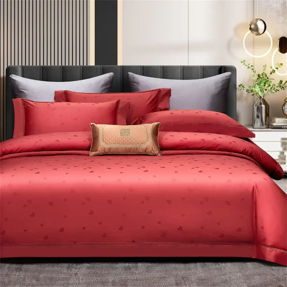 Afralia™ Luxury Nordic Red Egyptian Cotton Jacquard Embroidery Bedding Set