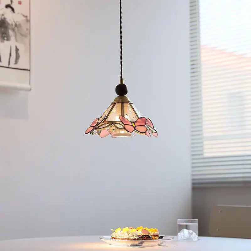 Afralia™ Butterfly Pink LED Pendant Lamp Walnut Wood Glass Nordic Modern Home Decor