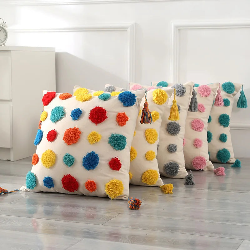 Afralia™ Polka Dot Tufted Cushion Cover with Boho Tassels - Soft Cotton Canvas Pillow Case