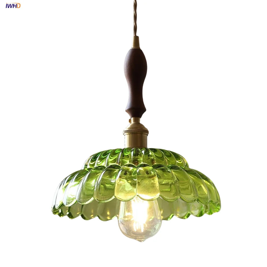 Afralia™ LED Pendant Lamp with Adjustable Wire, Copper Socket, Walnut Wood, Green Glass
