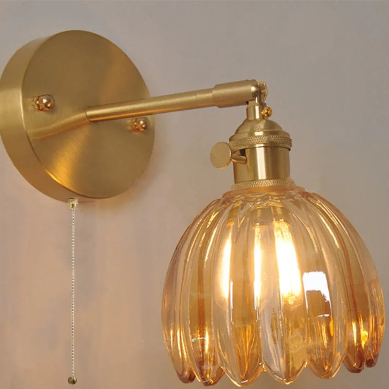 Afralia™ Vintage Amber Glass Wall Light with Pull Chain Switch - LED Fixture for Home Decor