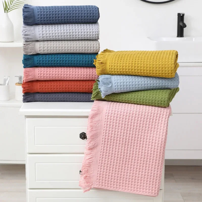 Afralia™ Geometric Tassel Bath Towel - 100% Cotton, Quick-Dry, Multi-colored Waffle Design - 90x180cm
