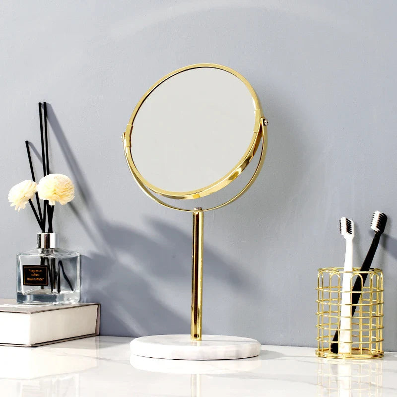 Afralia™ Marble Makeup Vanity Mirror Golden Stand 2X Magnifier Rotation