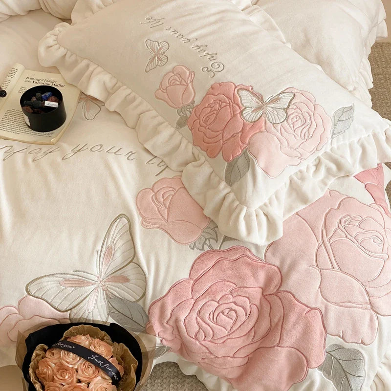 Afralia™ Lace Ruffles Princess Duvet Set, Butterfly Flowers Embroidery, Cozy Bedding with Bed Sheet & Pillowcases