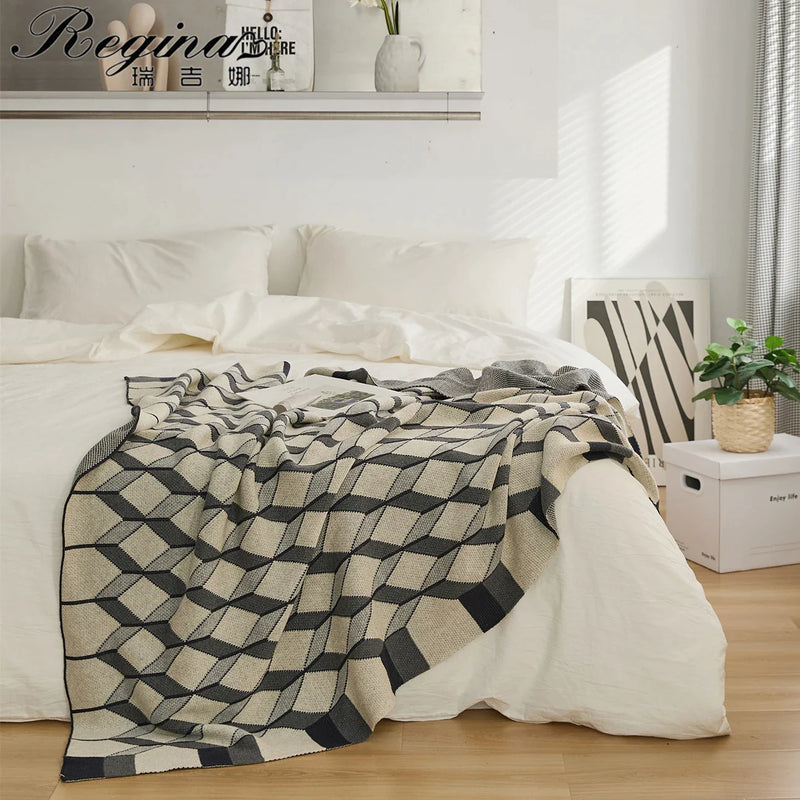 Afralia™ 3D Cube Cotton Knitted Plaid Blanket - Soft and Cozy Nordic Bedspread