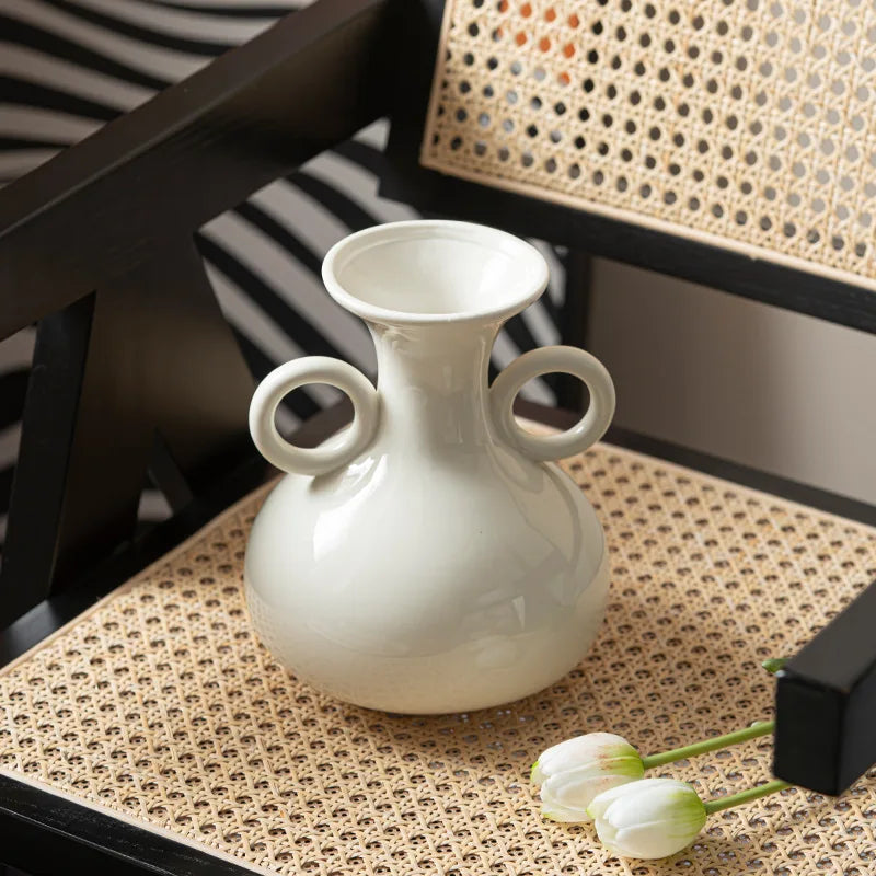 Afralia™ Teapot Ceramic Vase Double-eared Pot Home Decor Flower Arrangement White Porcelain