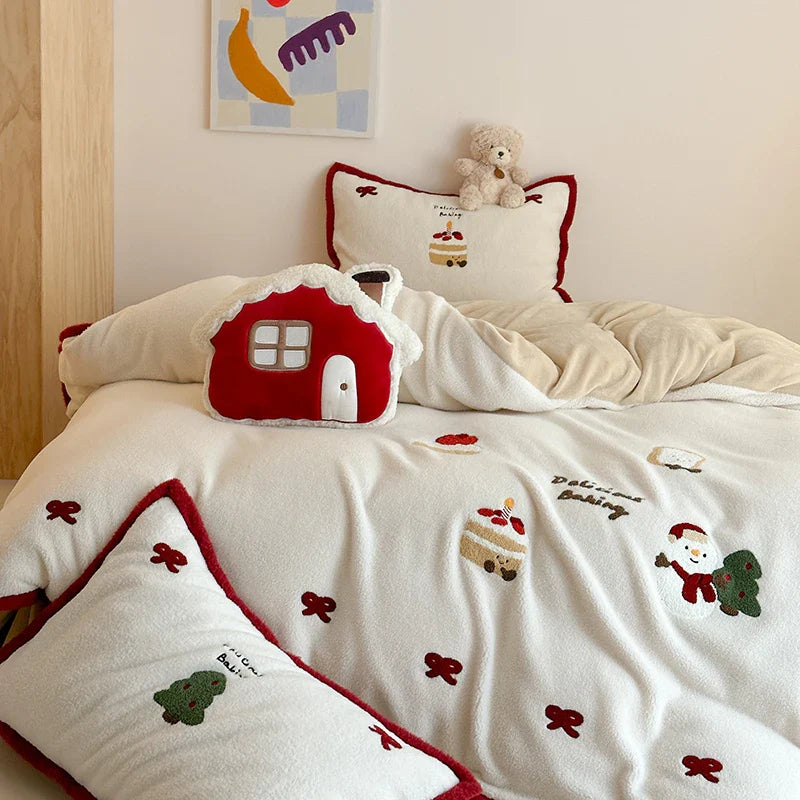 Afralia™ Cartoon Embroidered Cashmere Winter Bedding Set - Queen Size