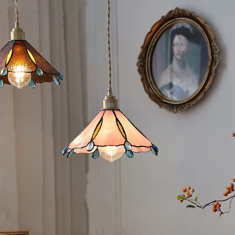 Afralia™ Pink Glass LED Pendant Light Fixture Vintage Style Loft Kitchen Hanging Lamps