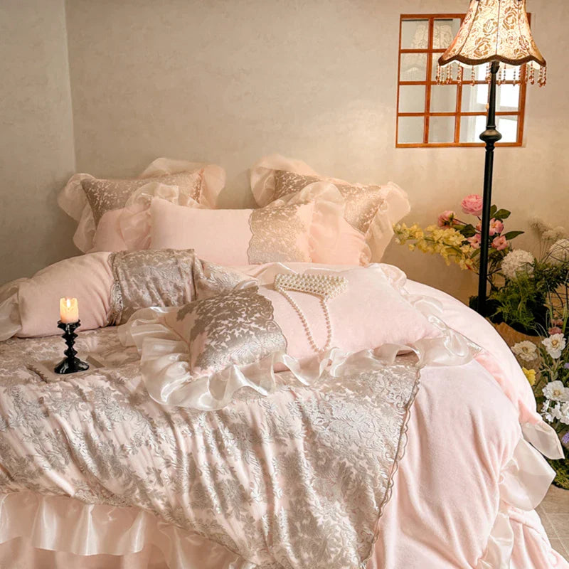 Afralia™ French Lace Ruffles Princess Bedding Set with Warm Milk Velvet Duvet Cover