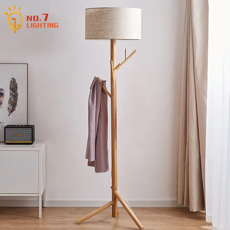 Afralia™ Wabi-sabi Solid Wood Floor Lamp Coat Rack LED E27 Vertical Table Lamp