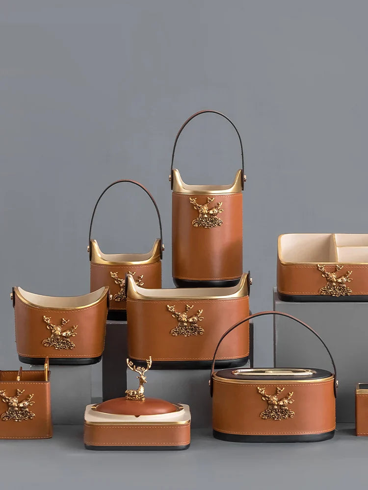 Afralia™ Brown Leather Desktop Storage Basket and Tissue Box