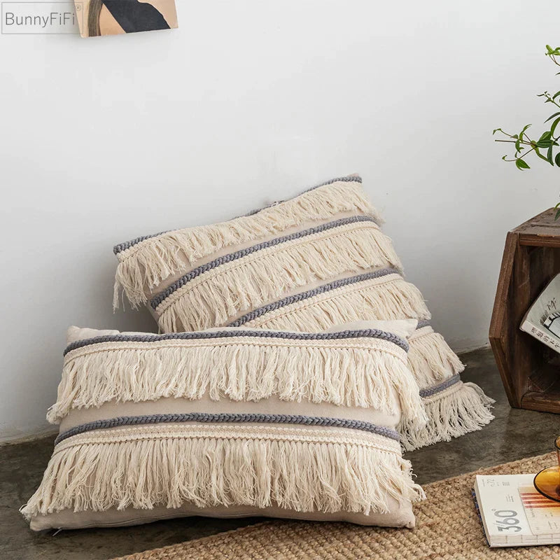 Afralia™ Embroidered Tassel Cushion Cover | Beige Grey | Cotton Linen | Home Decor