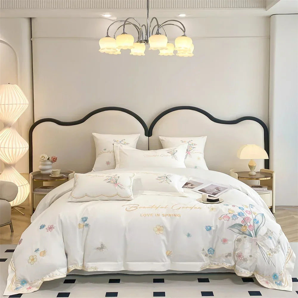 Afralia™ Butterfly Flowers Embroidery Cotton Bedding Set, 4pcs King Queen Size.